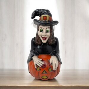 Vintage Ceramic Halloween Witch W/ Jack O Lantern Figurine 7" 70s Jim Dandy Mold